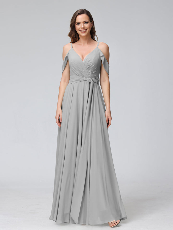 A-Line V-Neck Short Sleeves Chiffon Bridesmaid Dresses with Spaghetti Straps &amp; Split Side