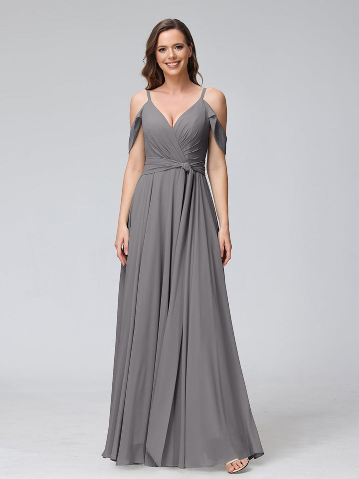 A-Line V-Neck Short Sleeves Chiffon Bridesmaid Dresses with Spaghetti Straps &amp; Split Side