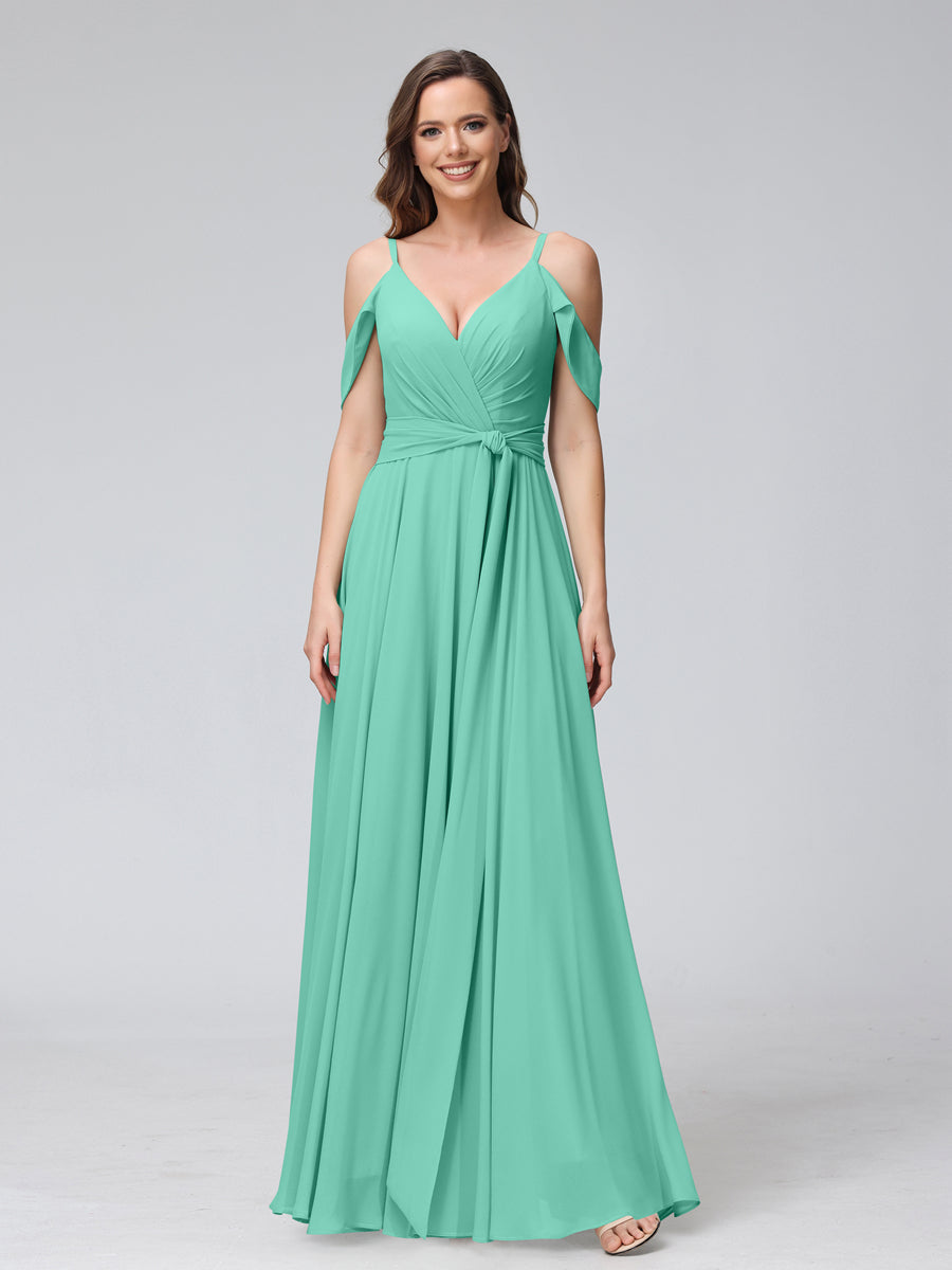 A-Line V-Neck Short Sleeves Chiffon Bridesmaid Dresses with Spaghetti Straps &amp; Split Side