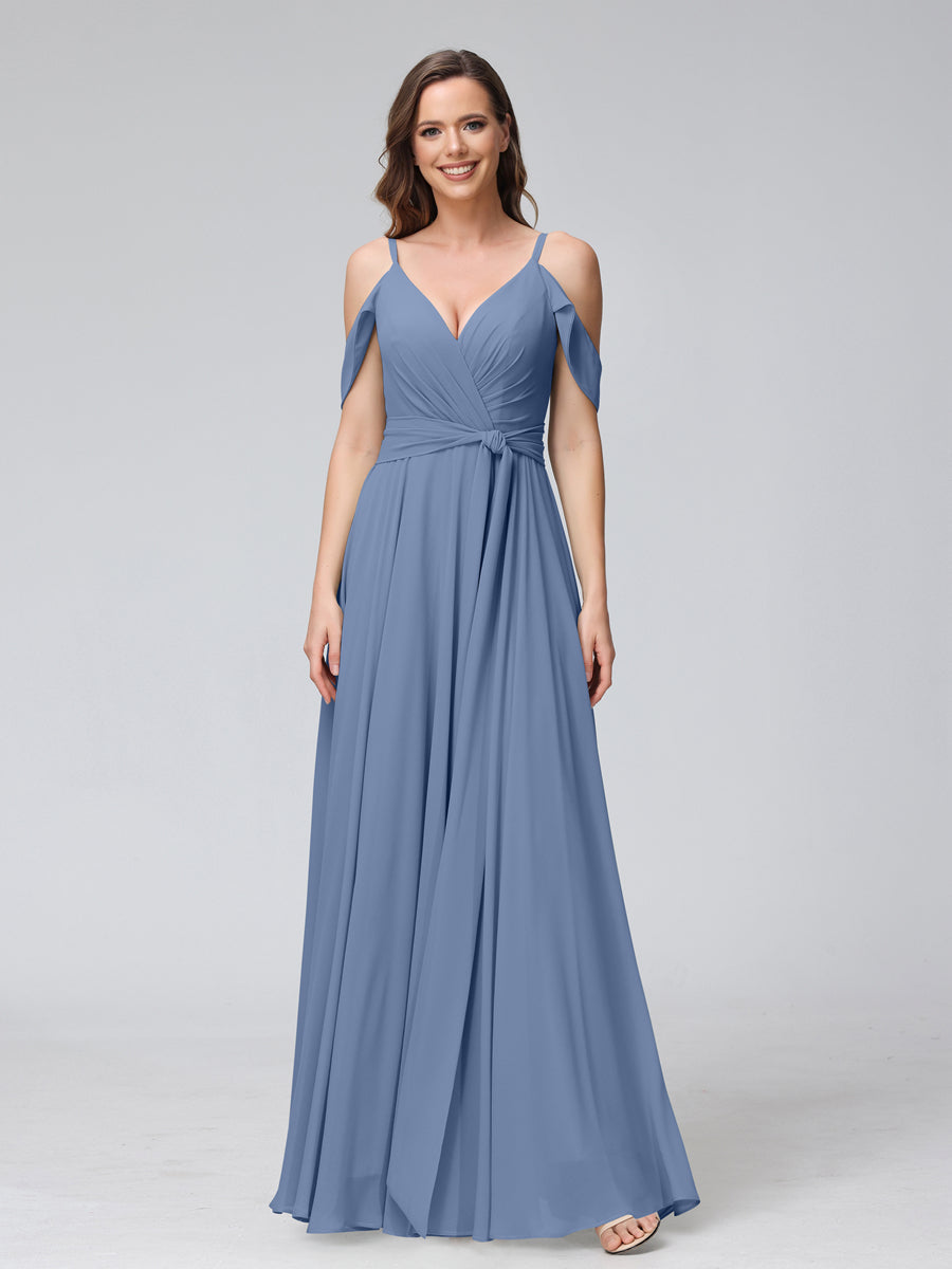 A-Line V-Neck Short Sleeves Chiffon Bridesmaid Dresses with Spaghetti Straps &amp; Split Side