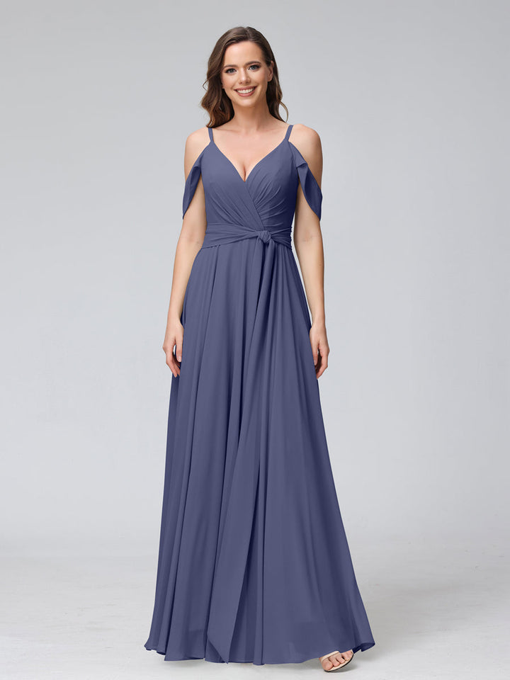 A-Line V-Neck Short Sleeves Chiffon Bridesmaid Dresses with Spaghetti Straps &amp; Split Side