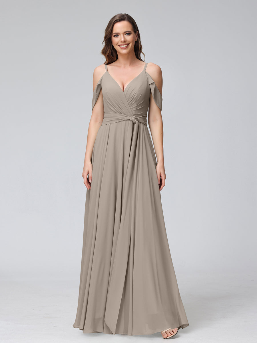 A-Line V-Neck Short Sleeves Chiffon Bridesmaid Dresses with Spaghetti Straps &amp; Split Side