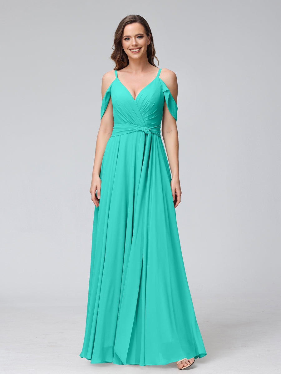 A-Line V-Neck Short Sleeves Chiffon Bridesmaid Dresses with Spaghetti Straps &amp; Split Side