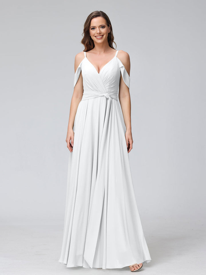 A-Line V-Neck Short Sleeves Chiffon Bridesmaid Dresses with Spaghetti Straps &amp; Split Side