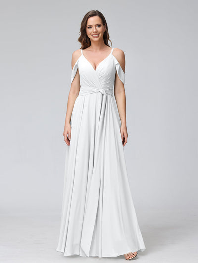 A-Line V-Neck Short Sleeves Chiffon Bridesmaid Dresses with Spaghetti Straps & Split Side