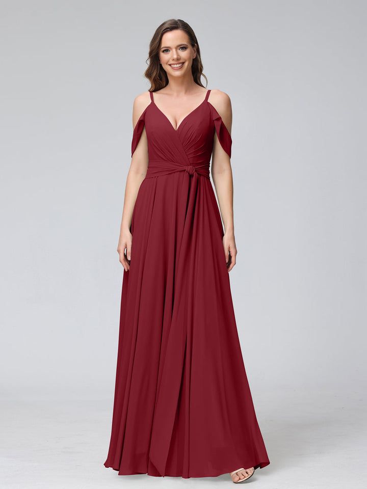 A-Line V-Neck Short Sleeves Chiffon Bridesmaid Dresses with Spaghetti Straps &amp; Split Side