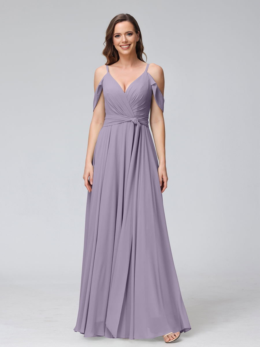 A-Line V-Neck Short Sleeves Chiffon Bridesmaid Dresses with Spaghetti Straps &amp; Split Side