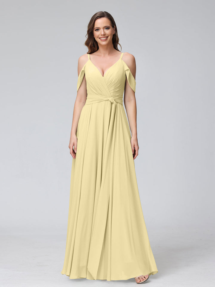 A-Line V-Neck Short Sleeves Chiffon Bridesmaid Dresses with Spaghetti Straps &amp; Split Side