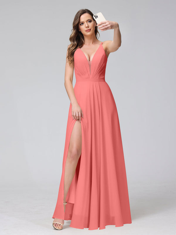 A-Line Spaghetti Straps V-Neck Sleeveless Long Chiffon Bridesmaid Dresses With Split Side