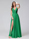 A-Line Spaghetti Straps V-Neck Sleeveless Long Chiffon Bridesmaid Dresses With Split Side
