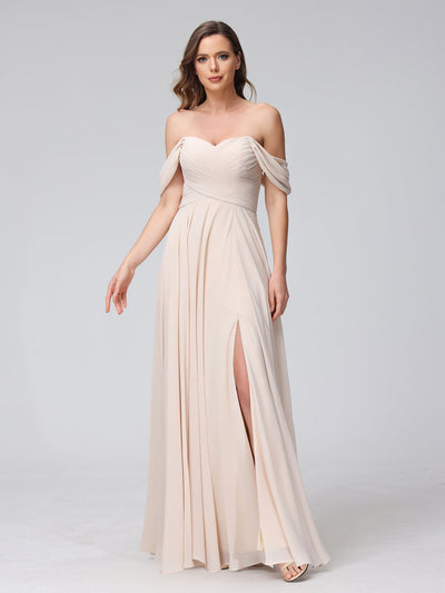 A-Line Off-the-Shoulder Sleeveless Ruched Long Chiffon Bridesmaid Dresses with Split Side