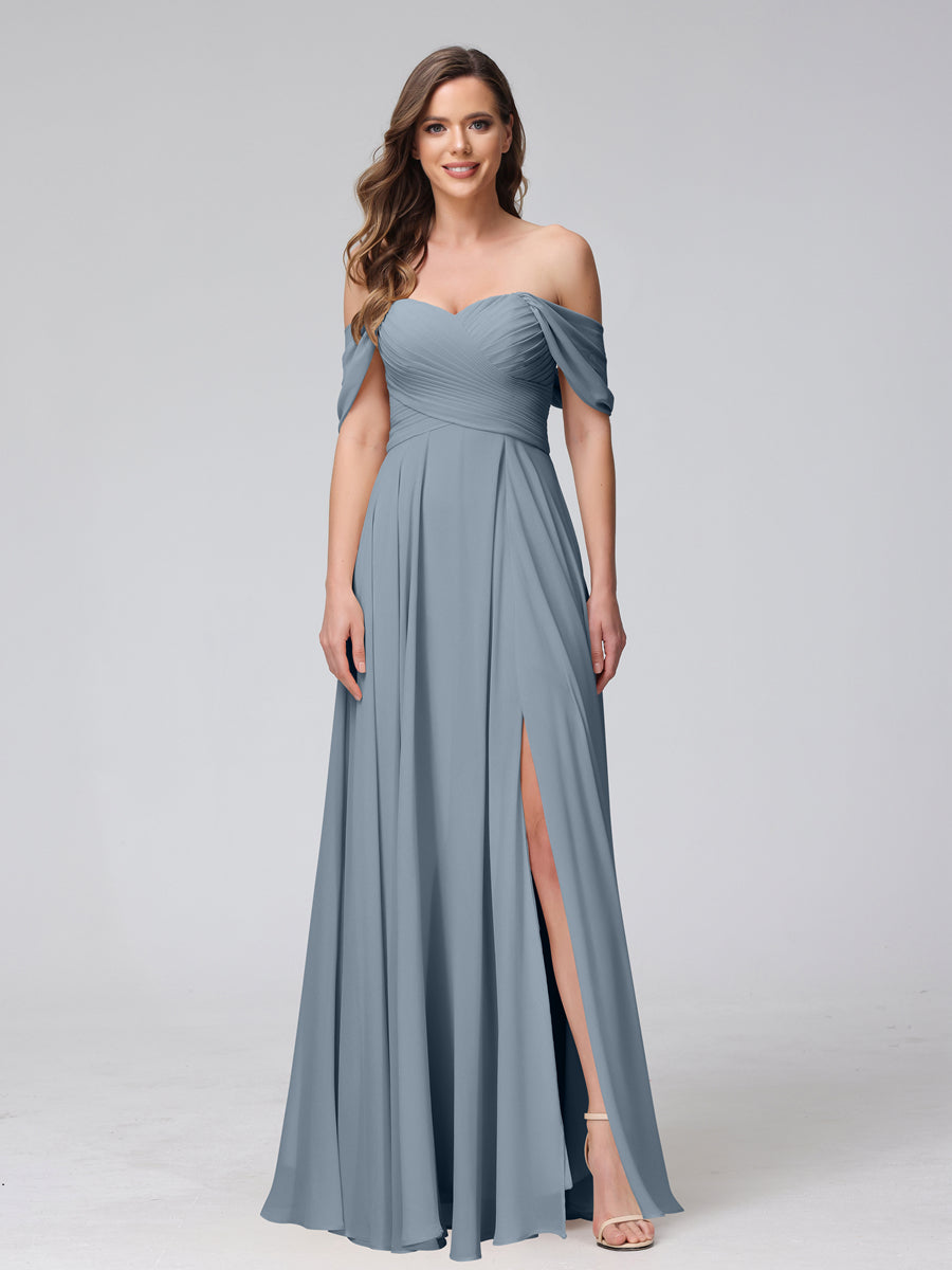 A-Line Off-the-Shoulder Sleeveless Ruched Long Chiffon Bridesmaid Dresses with Split Side