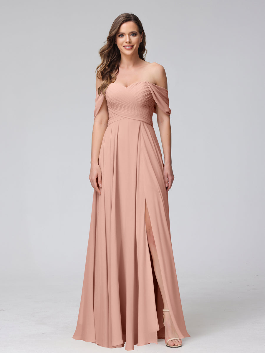 A-Line Off-the-Shoulder Sleeveless Ruched Long Chiffon Bridesmaid Dresses with Split Side