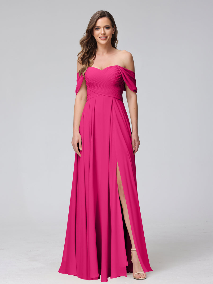 A-Line Off-the-Shoulder Sleeveless Ruched Long Chiffon Bridesmaid Dresses with Split Side