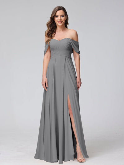 A-Line Off-the-Shoulder Sleeveless Ruched Long Chiffon Bridesmaid Dresses with Split Side
