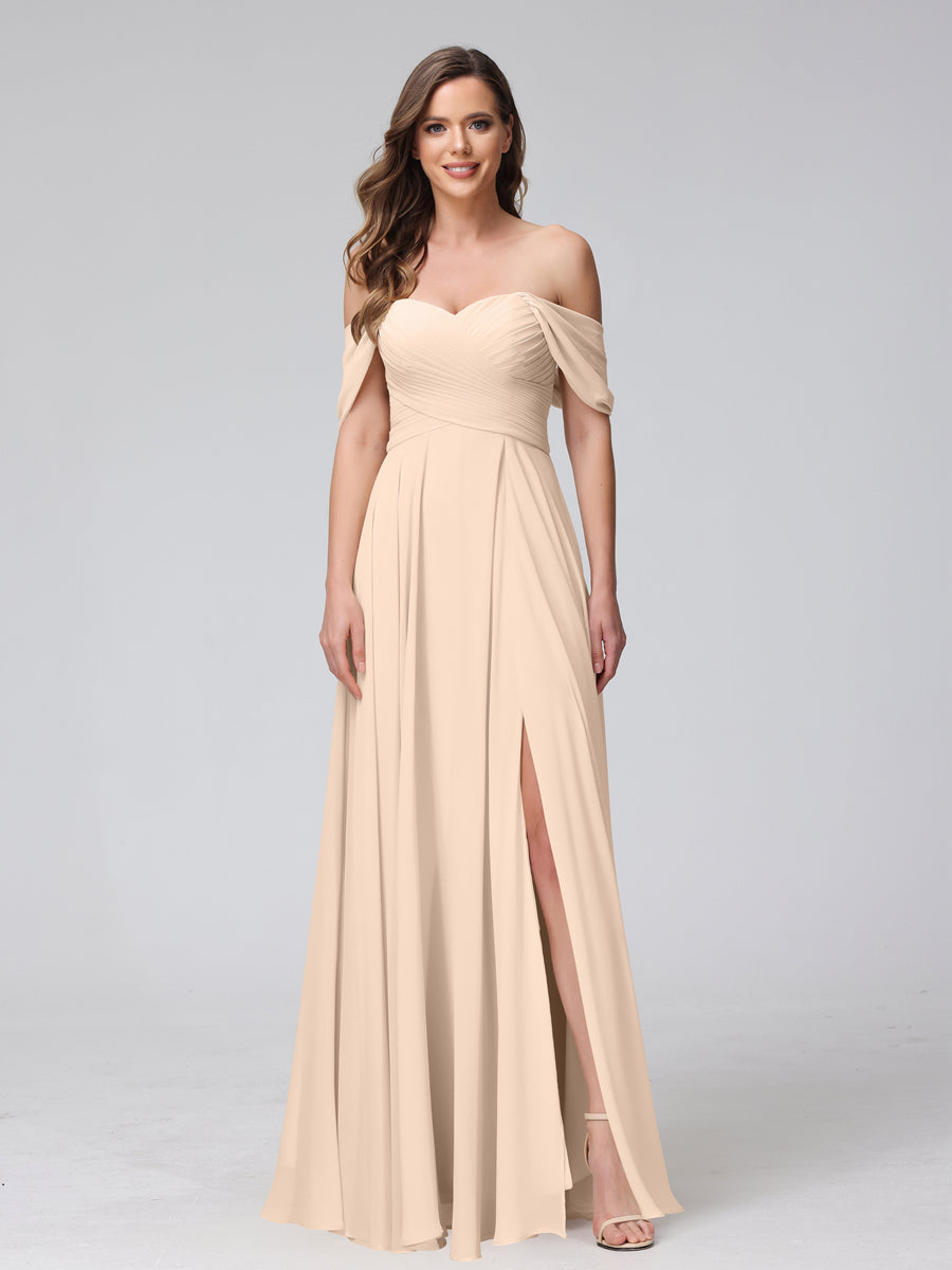 A-Line Off-the-Shoulder Sleeveless Ruched Long Chiffon Bridesmaid Dresses with Split Side