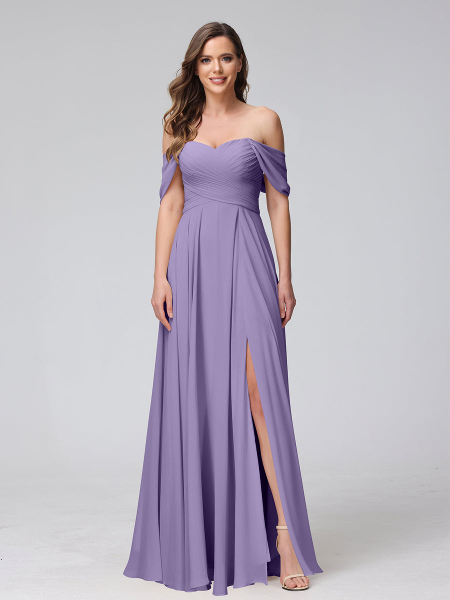 A-Line Off-the-Shoulder Sleeveless Ruched Long Chiffon Bridesmaid Dresses with Split Side