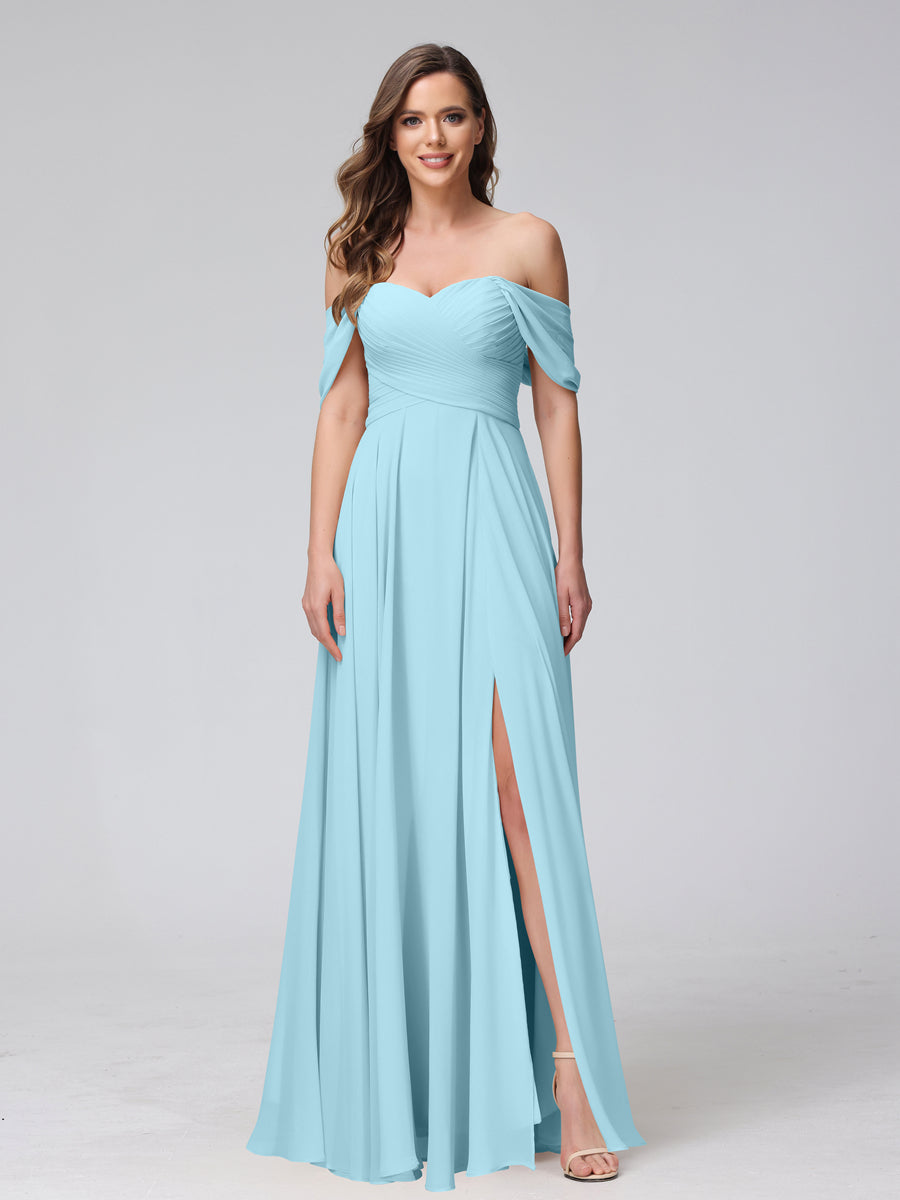 A-Line Off-the-Shoulder Sleeveless Ruched Long Chiffon Bridesmaid Dresses with Split Side