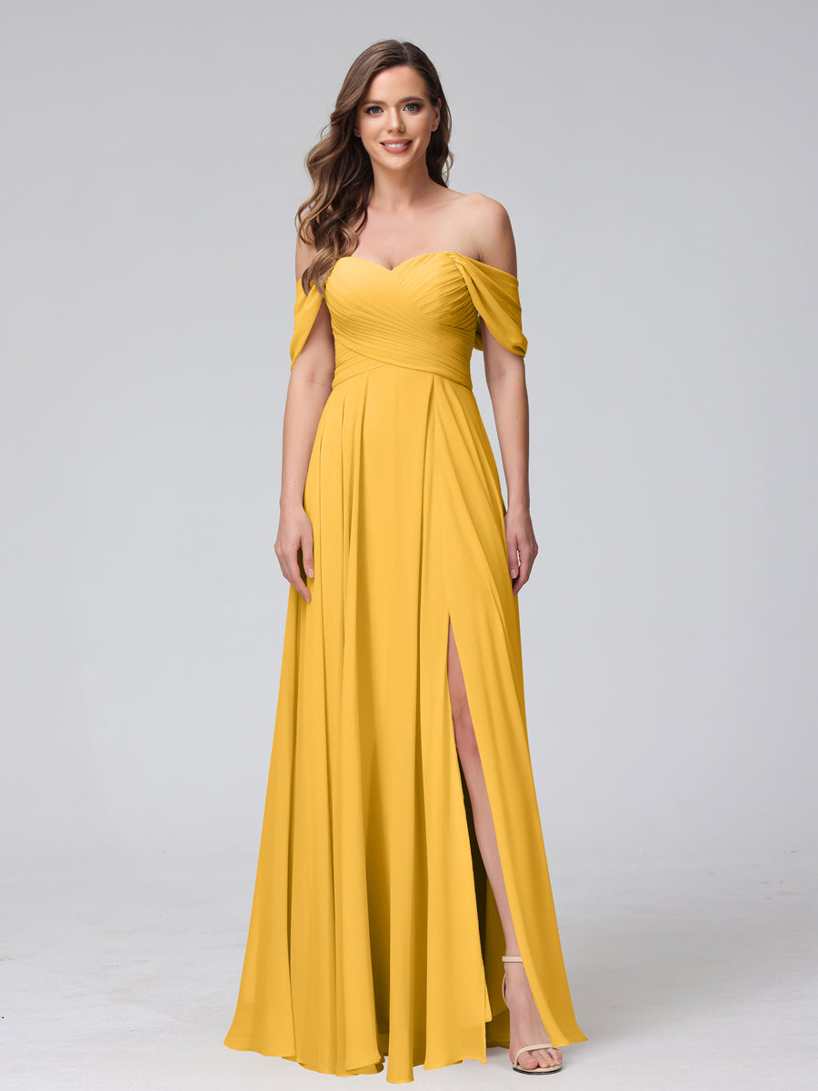 A-Line Off-the-Shoulder Sleeveless Ruched Long Chiffon Bridesmaid Dresses with Split Side