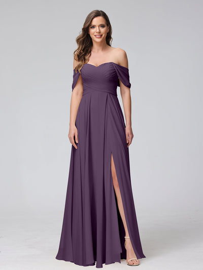 A-Line Off-the-Shoulder Sleeveless Ruched Long Chiffon Bridesmaid Dresses with Split Side