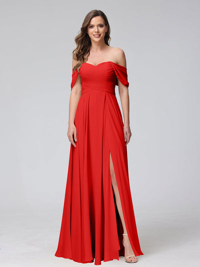 A-Line Off-the-Shoulder Sleeveless Ruched Long Chiffon Bridesmaid Dresses with Split Side