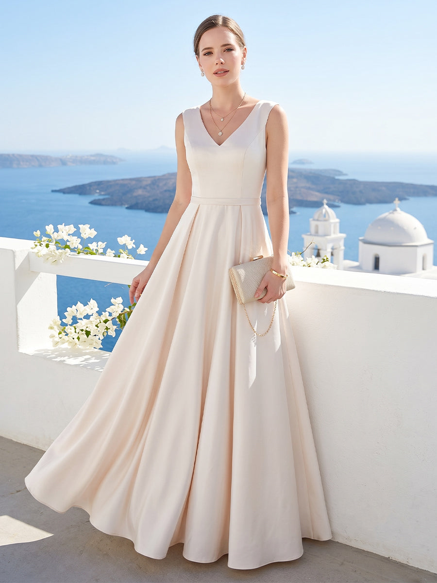 A-Line V-Neck Sleeveless Floor-Length Satin Bridesmaid Dresses With Pockets