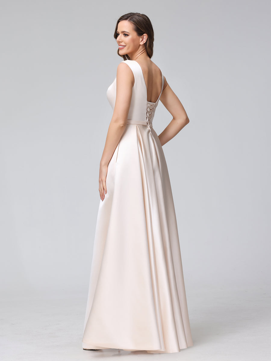 A-Line V-Neck Sleeveless Floor-Length Satin Bridesmaid Dresses With Pockets