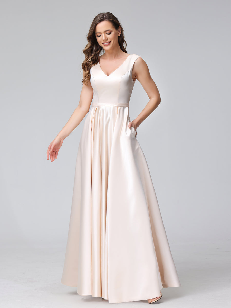 A-Line V-Neck Sleeveless Floor-Length Satin Bridesmaid Dresses With Pockets