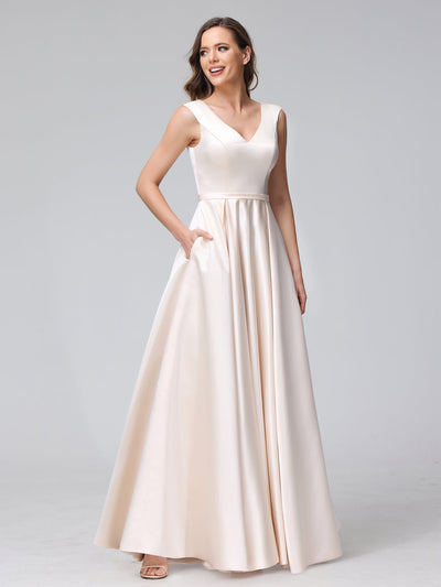 A-Line V-Neck Sleeveless Floor-Length Satin Bridesmaid Dresses With Pockets