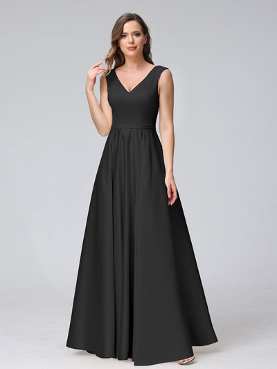 A-Line V-Neck Sleeveless Floor-Length Satin Bridesmaid Dresses With Pockets