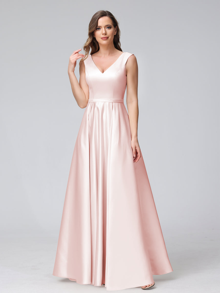 A-Line V-Neck Sleeveless Floor-Length Satin Bridesmaid Dresses With Pockets