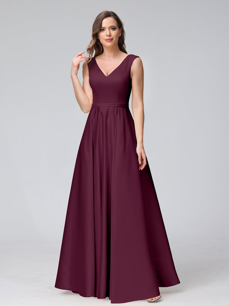 A-Line V-Neck Sleeveless Floor-Length Satin Bridesmaid Dresses With Pockets