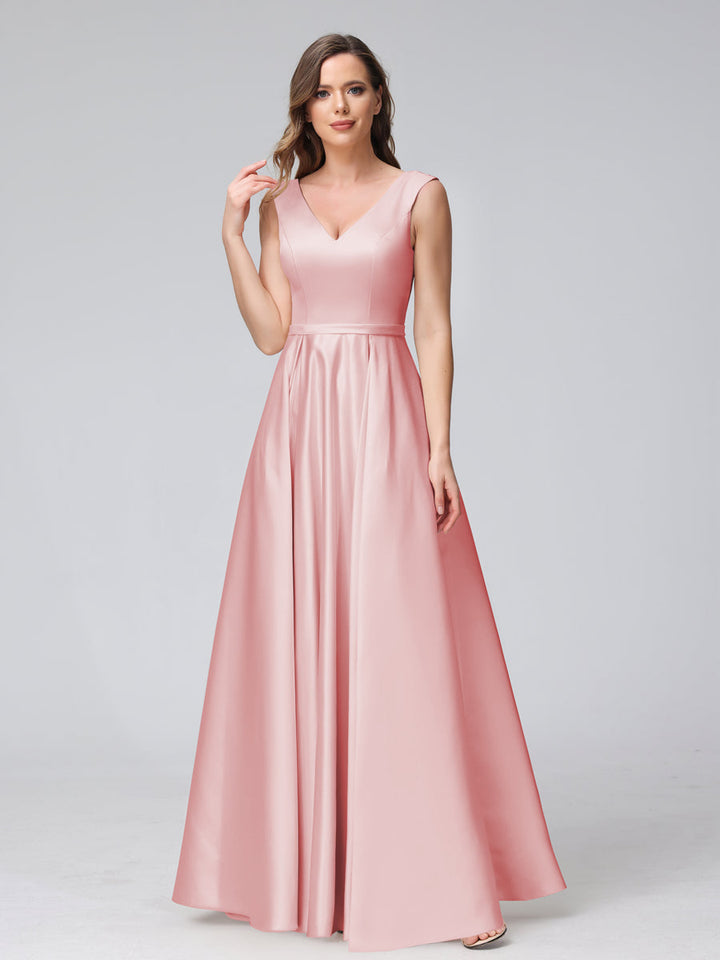 A-Line V-Neck Sleeveless Floor-Length Satin Bridesmaid Dresses With Pockets