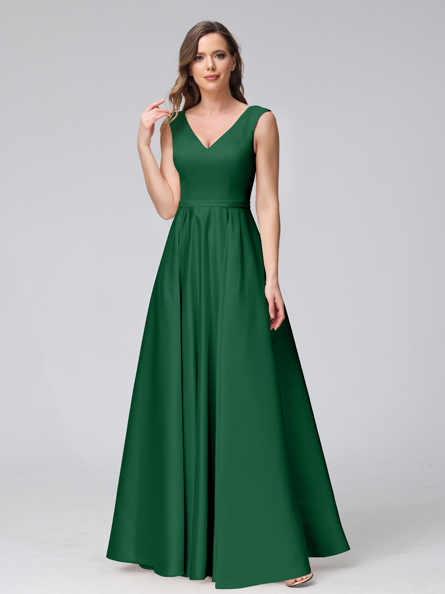 A-Line V-Neck Sleeveless Floor-Length Satin Bridesmaid Dresses With Pockets