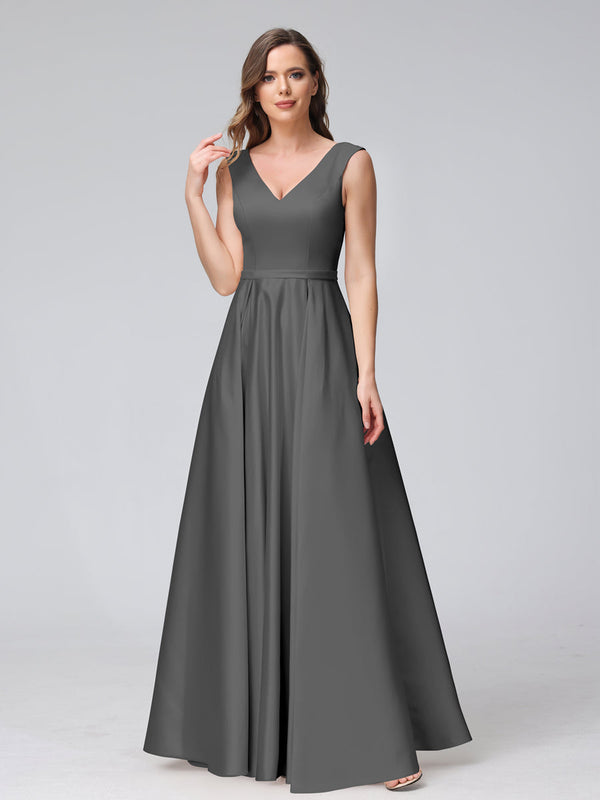 A-Line V-Neck Sleeveless Floor-Length Satin Bridesmaid Dresses With Pockets