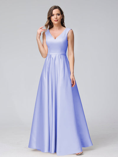 A-Line V-Neck Sleeveless Floor-Length Satin Bridesmaid Dresses With Pockets