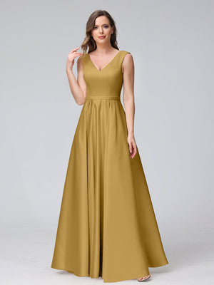 A-Line V-Neck Sleeveless Floor-Length Satin Bridesmaid Dresses With Pockets