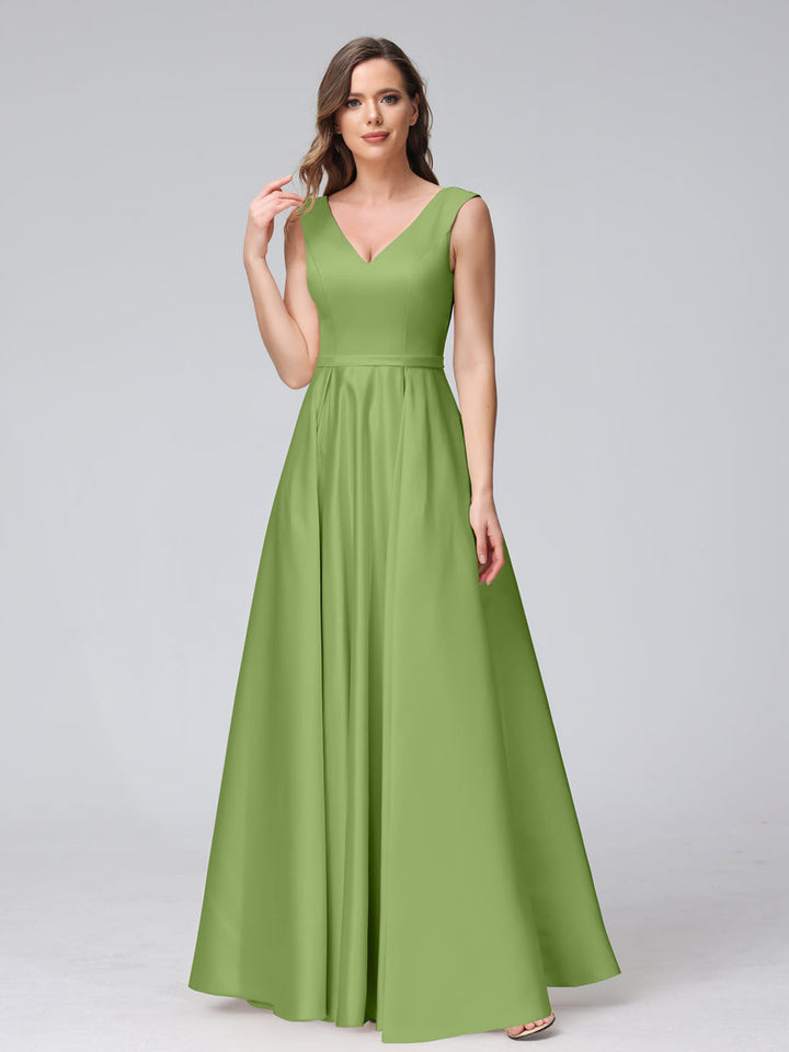A-Line V-Neck Sleeveless Floor-Length Satin Bridesmaid Dresses With Pockets