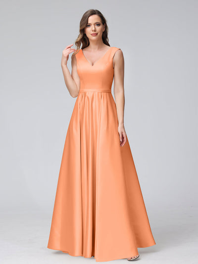 A-Line V-Neck Sleeveless Floor-Length Satin Bridesmaid Dresses With Pockets