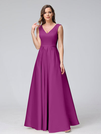 A-Line V-Neck Sleeveless Floor-Length Satin Bridesmaid Dresses With Pockets