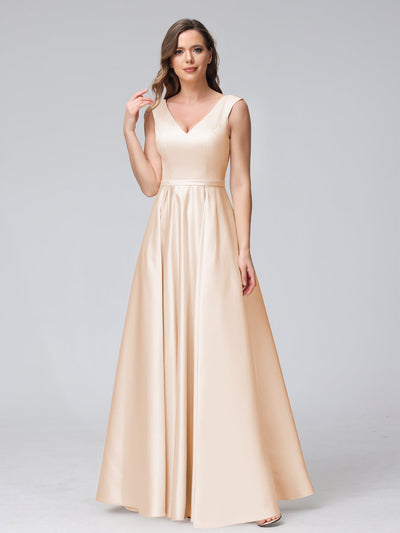 A-Line V-Neck Sleeveless Floor-Length Satin Bridesmaid Dresses With Pockets