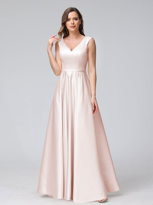 A-Line V-Neck Sleeveless Floor-Length Satin Bridesmaid Dresses With Pockets
