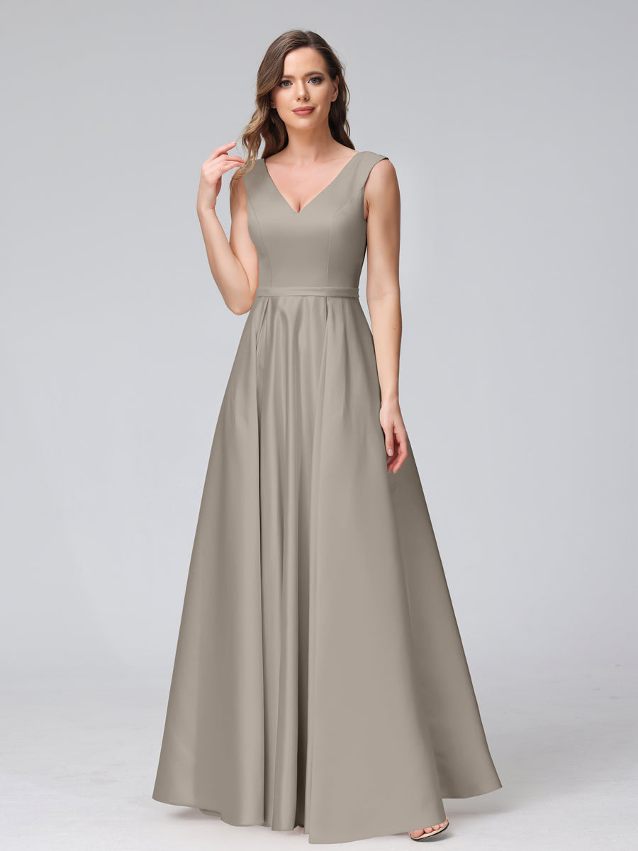 A-Line V-Neck Sleeveless Floor-Length Satin Bridesmaid Dresses With Pockets