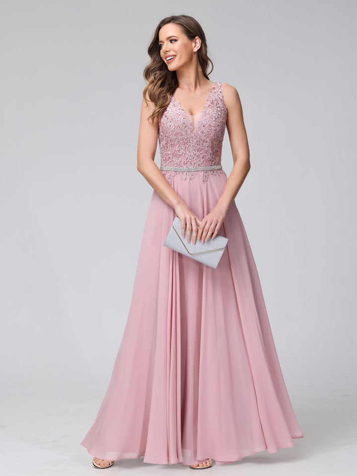 A-Line V-Neck Sleeveless Long Chiffon Dresses with Lace Appliques &amp; Rhinestones