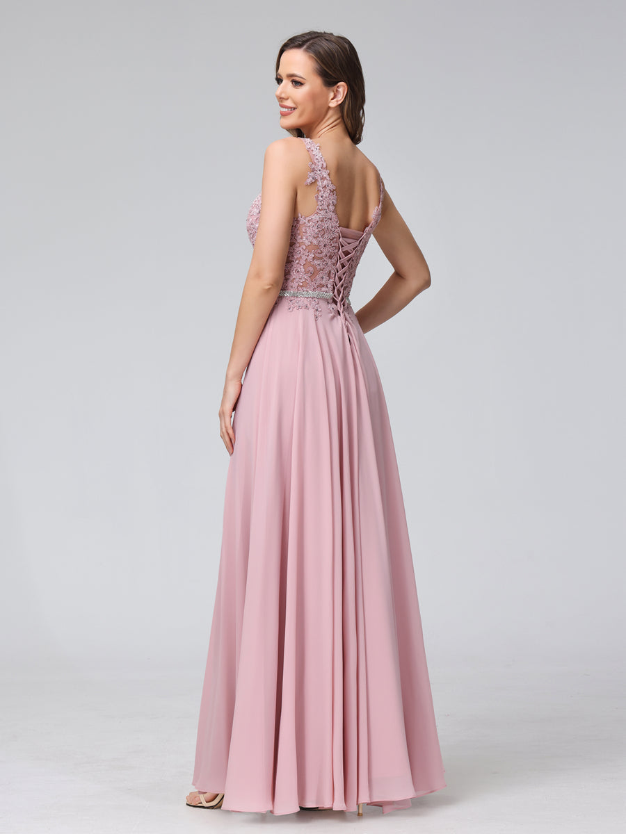 A-Line V-Neck Sleeveless Long Chiffon Dresses with Lace Appliques &amp; Rhinestones