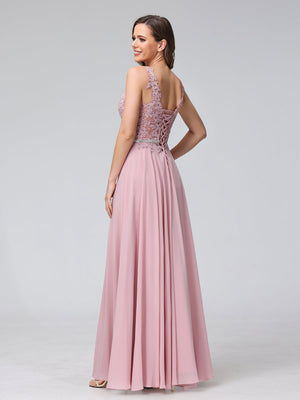 A-Line V-Neck Sleeveless Long Chiffon Dresses with Lace Appliques & Rhinestones