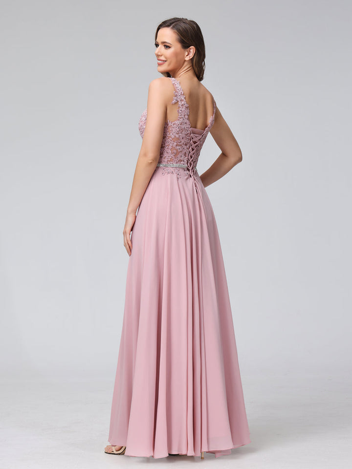 A-Line V-Neck Sleeveless Long Chiffon Dresses with Lace Appliques &amp; Rhinestones