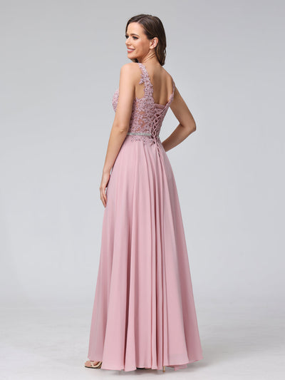 A-Line V-Neck Sleeveless Long Chiffon Dresses with Lace Appliques & Rhinestones