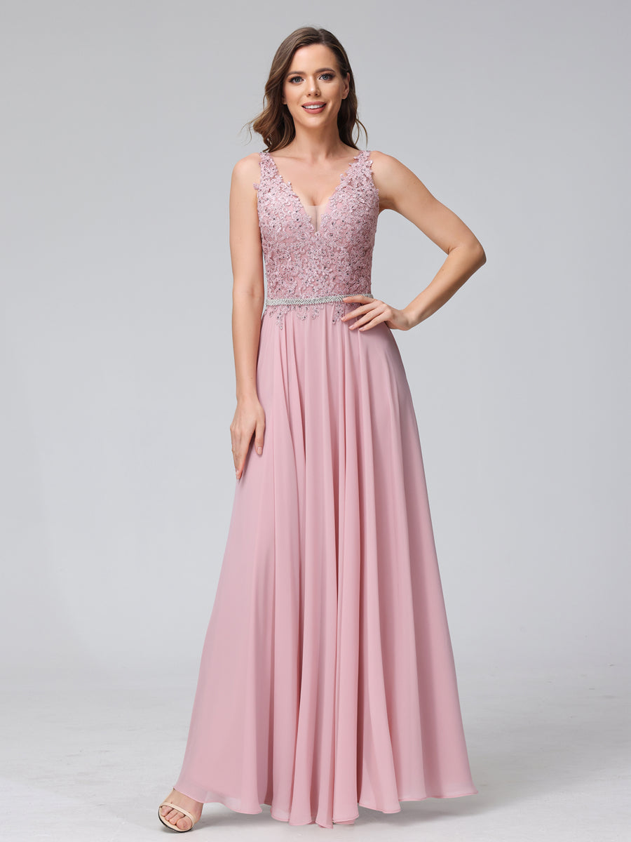 A-Line V-Neck Sleeveless Long Chiffon Dresses with Lace Appliques &amp; Rhinestones