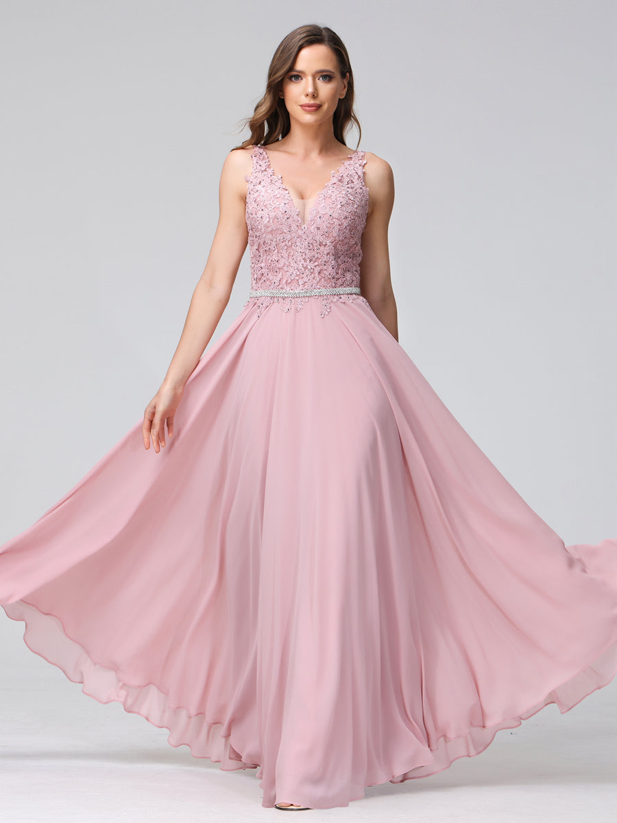 A-Line V-Neck Sleeveless Long Chiffon Dresses with Lace Appliques &amp; Rhinestones